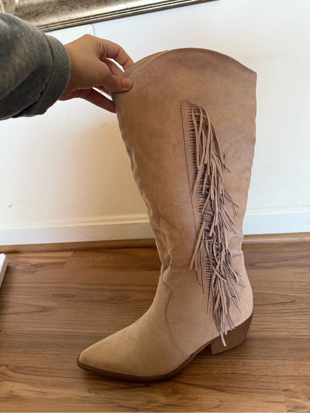Tucker Beige Faux Suede Knee High Tassle Detail Western Boots - Picture 11 of 11